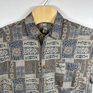 City Streets Mens Patchwork Tribal Print Button Down Shirt Blue Brown Size M